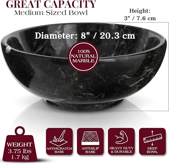 Gusto Nostro 8" Luxury Black Marble Decorative Bowl for Coffee Table - Elegant Modern Fruit Bowl for Kitchen Counter - Heavy Stone Entryway Catch all for Keys, Jewelry, Potpourri Holder Centerpiece-Ruum Studio Home