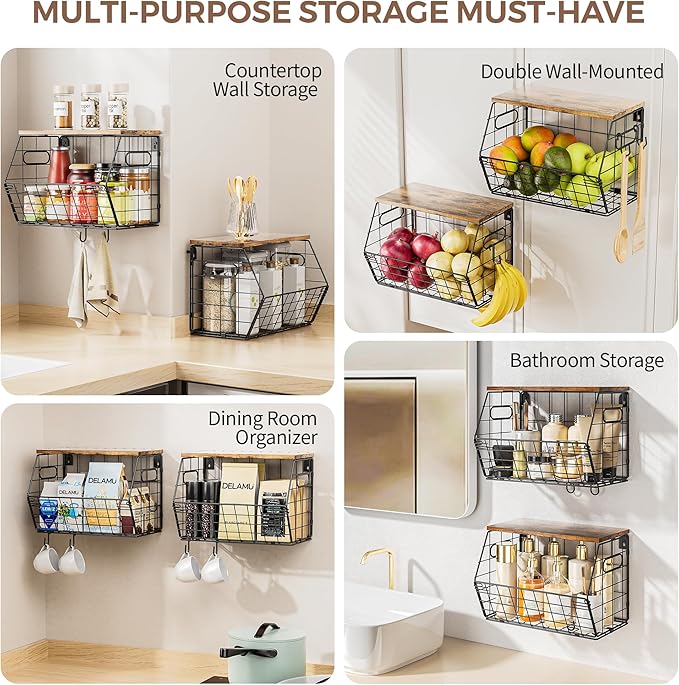 Delamu 2-Pack Stackable Metal Fruit Basket with Wood Lid-Wall Mounted & Countertop Organizer for Kitchen,Pantry- Ventilated Storage for Onions,Potatoes,Fruits,Spices (12"x 8"x 8-5/16")-Ruum Studio Home