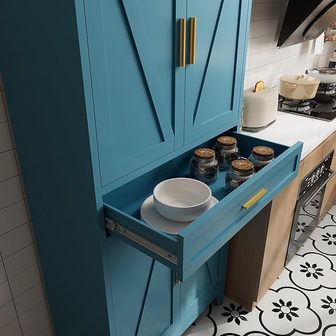 71 "Farmhouse Metal Filing Cabinet with a Drawer and 4 Adjustable Shelves, with 4 Large barn Door White Kitchen Cabinets, Metal Food Cabinets for Home, Kitchen, Dining/Living Room (Peacock Blue)-Ruum Studio Home