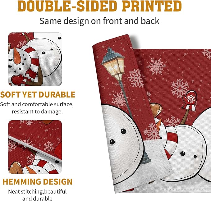 Red Snowman Snowflake Christmas Placemats Set of 4 Seasonal Winter Linen Table Mats 12x18 Inch Xmas Holiday Snow Farmhouse Rustic Washable Place Mat for Party Kitchen Dining Outdoor Indoor Decor-Ruum Studio Home