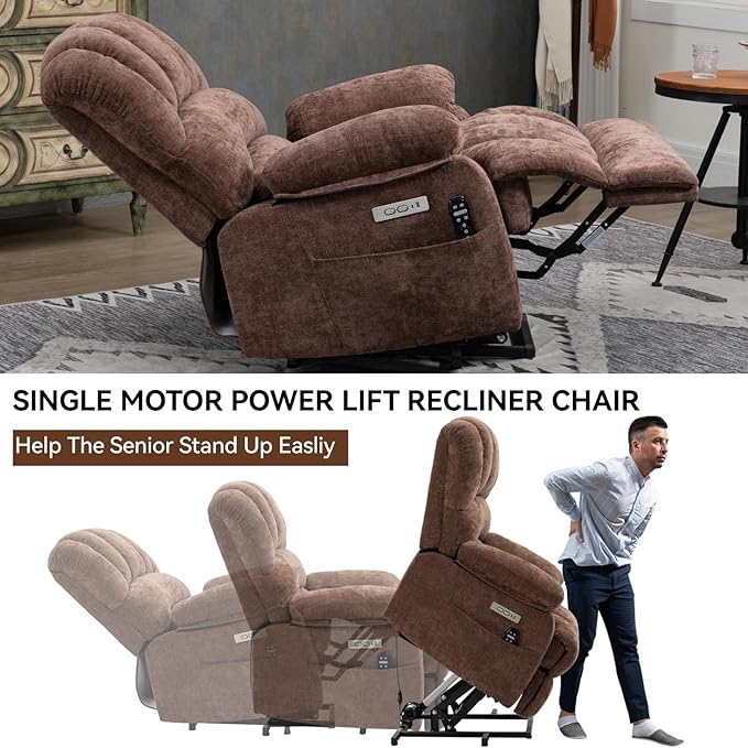 Large Power Lift Recliner Chair with Massage and Heat for Elderly, Ergonomic Backrest, Infinite Adjust, 2 Side Pockets,USB and Type-C Ports, Chenille Brown-Ruum Studio Home