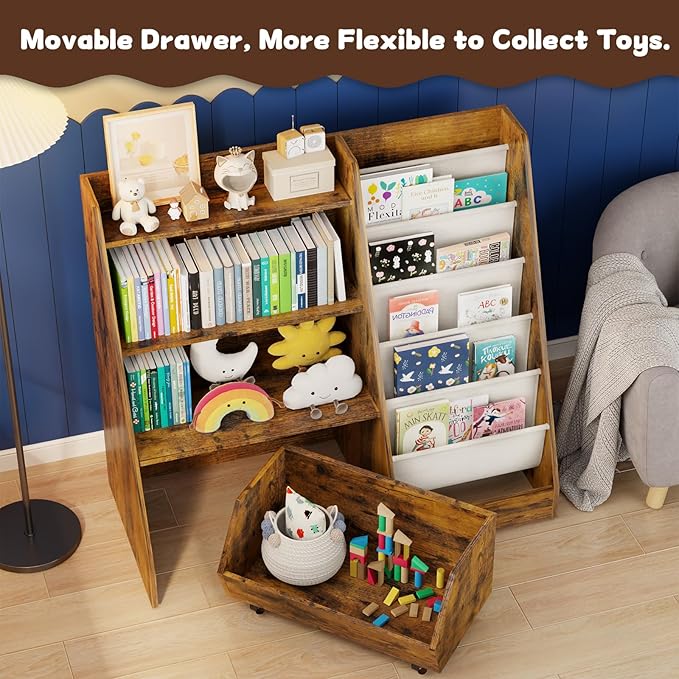 COZPAW Kids Bookshelf and Toy Storage, 4 Tier Toddler Bookshelf with Movable Drawer 5 Sling Pockets, Montessori Book Shelf for Kids Room, Playroom, Nursery (Brown)-Ruum Studio Home