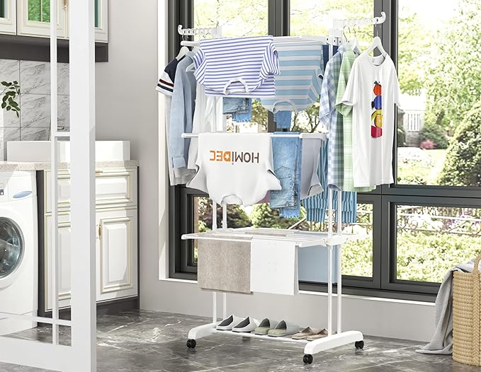HOMIDEC Clothes Drying Rack, Large 4-Tier Foldable Drying Rack Clothing(67.7H x 19.7W x 30L Inches), Movable Drying Rack with 4 castors. Multifunctional Stainless Steel Laundry Drying Rack, White-Ruum Studio Home