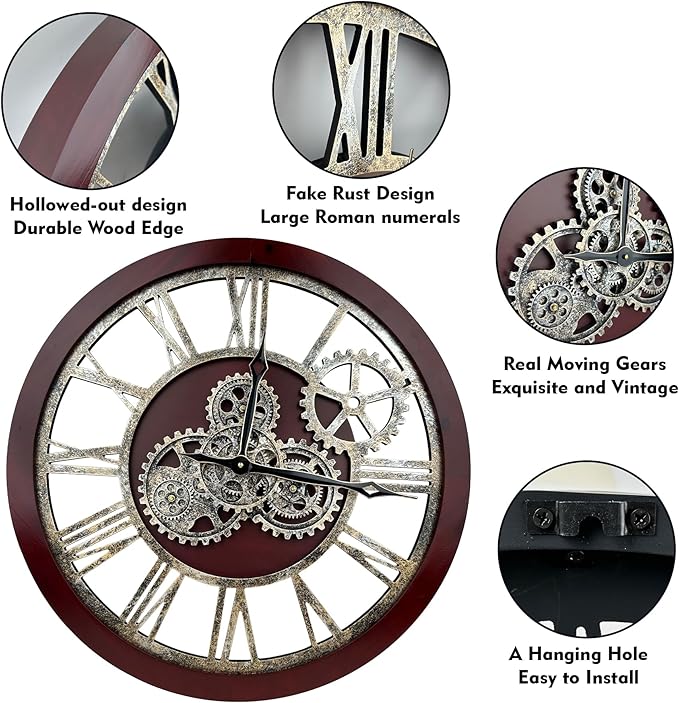 The B-Style Large Wall Clock 24 inch Moving Gear Wall Clock Oversized Vintage Farmhouse Wall Clocks for Living Room Decor Rustic Industrial Wood Clock (Walunt Wood and Bronze)-Ruum Studio Home