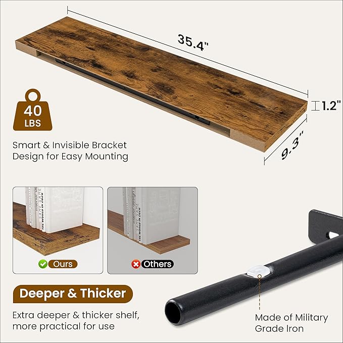 36 Inch Floating Shelves, 9.3 Inch Deep Rustic Wall Shelves - Extra Deeper Wall Mounted Storage Shelves for Bathroom, Kitchen, Living Room (Brown, Set of 2)-Ruum Studio Home