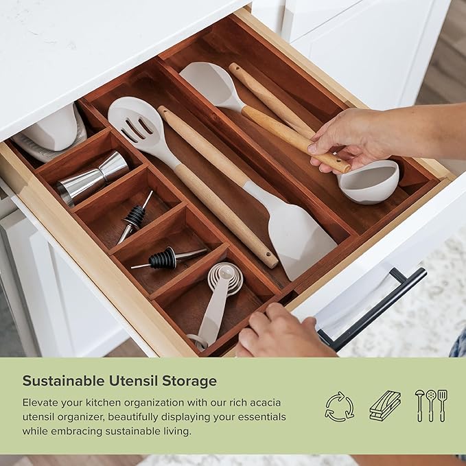 Adjustable Kitchen Drawer Organizer for Utensils and Junk, Food-Safe Contract Grade with 100% Sustainable Wood, Non-Slip, Expandable from 10.5 to 18.5 Inches Wide - Natural Acacia-Ruum Studio Home