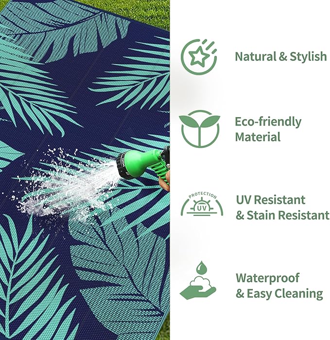 GENIMO Outdoor Rug 8' x 10' Waterproof for Patios Clearance, Reversible Outdoor Plastic Straw Camping Rug Carpet, Large Area Rugs Mats for RV, Camper, Deck, Balcony, Porch, Beach, Navy Blue&Jade Green-Ruum Studio Home