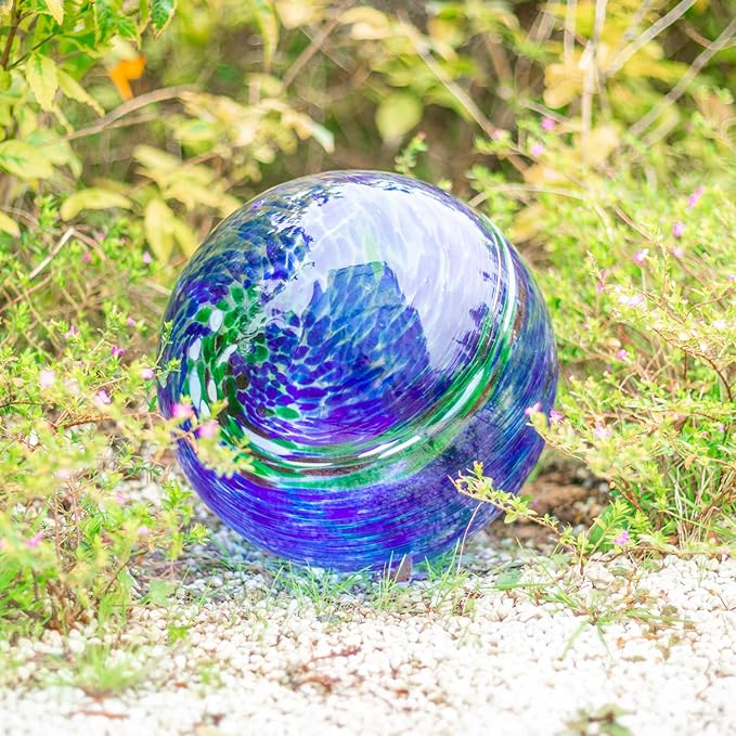 VCUTEKA Glass Outdoor Gazing Globe, Blue and Green Hand Painted Swirled Sphere for Patio Garden Gazing Ball Yard Ornament, 10 Inch-Ruum Studio Home