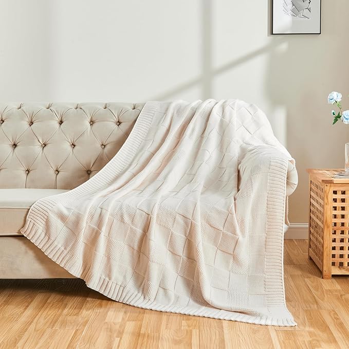 CozeCube Check Knit Throw Blanket, Cream White Checkered Throw for Couch, Decorative Christmas Soft Cozy Warm Knitted Blanket for Bed Sofa Living Room, 50"X60"-Ruum Studio Home