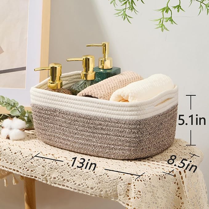 Small Storage Baskets for Organizing | Closet Organizer Bins | Shelf Toy Basket | Woven Rope Baskets | Cube Decorative Box | Shallow Basket | 13x8.5x5.1” | 3 Packs White Brown-Ruum Studio Home
