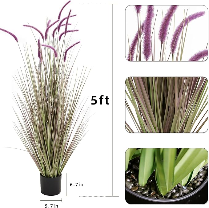 KOL Artificial 5ft 2-Pack Horsetail Reed Grass, 59in Tall Artificial Indoor Outdoor Fake Grass Plant, Home Office Décor Artificial Plants in Pot Faux Plant Greenery, Wedding Decor, Purple-Ruum Studio Home