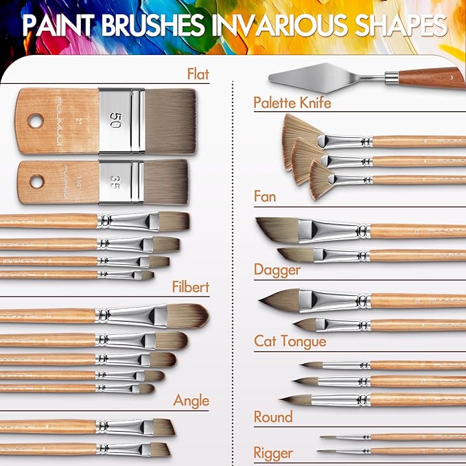 Fuumuui 26pcs Paint Brushes, Professional Acrylic Paint Brush Set Artists Complete Range of Sizes with Upgraded Short Handle Wide Flat & Palette Knife for Acrylic, Oil, Watercolor, Gouache-Ruum Studio Home