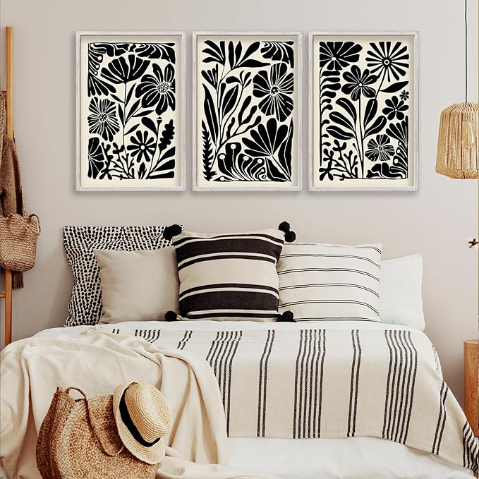 Abstract Floral Botanical Wall Art 16x11 Inch 3 Piece Black Vintage Boho Plant Flower Minimalist Wood Frame Sign Home Living Room Family Office Mid Century Print Wall Hanging Decor (White)-Ruum Studio Home