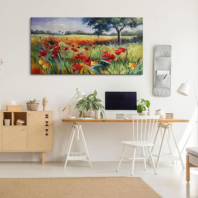 Wall Decor for Living Room Large Wall Art Green Trees Red Yellow Flowers Canvas Art Wall Decor for Bedroom Modern Home Decor Framed, Nature Prints Artwork Wall Decorations 24x48-Ruum Studio Home