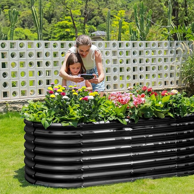 Land Guard Galvanized Planter Raised Beds, 6×3×2ft Galvanized Water Trough, Keyhole Raised Garden Bed Metal (Dark Gray)-Ruum Studio Home