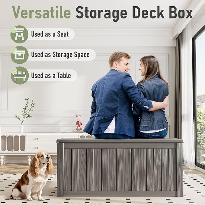 KAMABOKO Outdoor Storage Box, 120 Gallon Large Outdoor Resin Deck Box, Storage Waterproof Boxes Lockable Lid for Garden Tools, Pool Supplies, Patio Furniture and Cushions, Grey-Ruum Studio Home