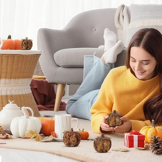 naturevibe 4.3 Inches Elegant Feathered Pumpkin Decor Set of 4 for Thanksgiving Decorations, Natural Feather Pumpkins as Fall Home Decor,Centerpieces for Tables or Autumn Harvest Gifts-Ruum Studio Home