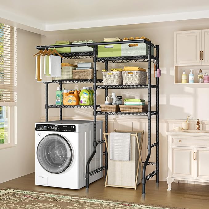 Ulif U13 Over Washer and Dryer Storage Shelves, 6 Tiers Laundry Room Standing Shelf with 2 Hanger Rods, Space Saver Clothes Drying Rack, 63.4" W x 22" D x 77.4" H, Black-Ruum Studio Home