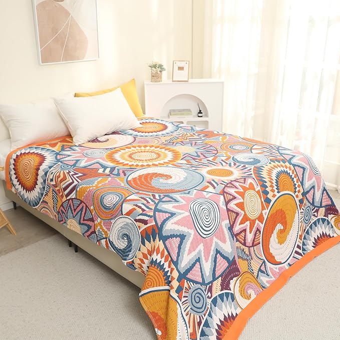 Snycler Boho Throw Blanket for Bed - 100% Cotton Ultra Soft Rustic Quilt Fall Blanket - Orange Floral Printed Farmhouse Decor Bed Blankets, 80"×90" All Season Rustic Throw for Sofa Couch Chair-Ruum Studio Home