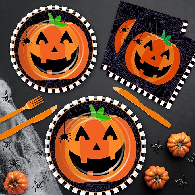 Halloween Plates and Napkins Party Supplies, Pumpkin Halloween Party Decorations Tableware, Pumpkin Paper Plate, Cup, Napkin, Tablecloth, Disposable Cutlery, Serves 24-Ruum Studio Home