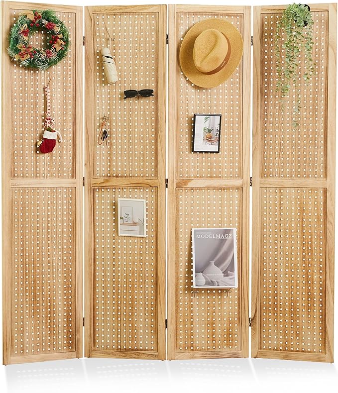 Room Divider Freestanding Folding Pegboard Privacy Screen | 4-Panel Display Stand for Jewelry, Craft Shows, Retail | Natural Wood, Portable & Space-Saving Design (Natural)-Ruum Studio Home