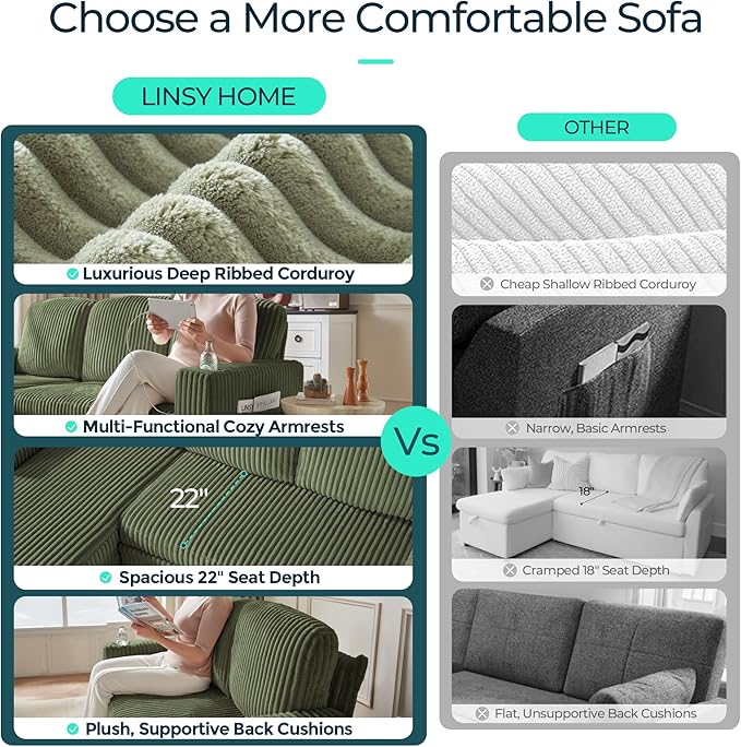 LINSY HOME Loveseat Sofa with Pull Out Couch Chaise: 2-in-1 Convertible 2 Seater Sofa with USB Charging & Cup Holders, Comfy Plush Corduroy Love Seat for Small Spaces Living Room Apartment, Green-Ruum Studio Home