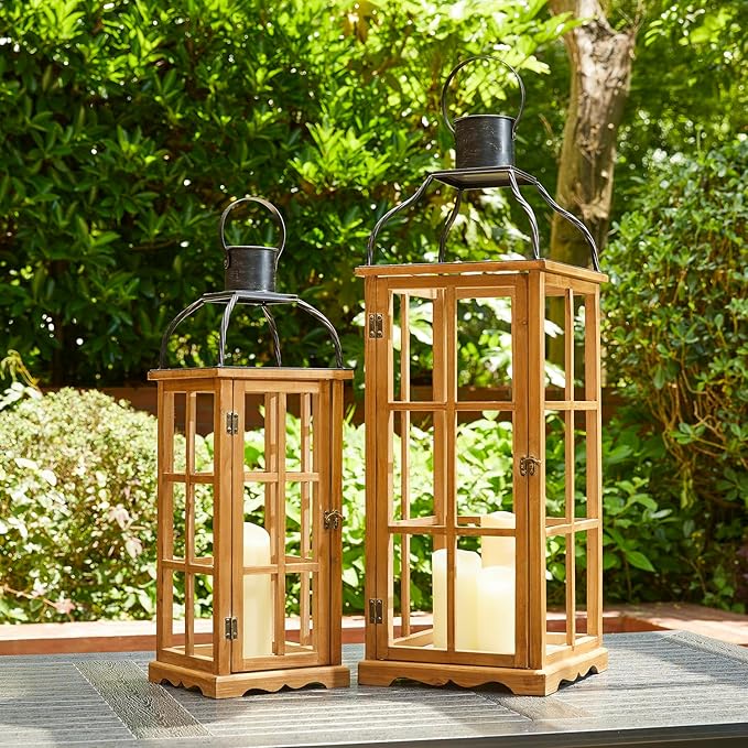Glitzhome Set of 2 Oversized Farmhouse Wood Lanterns with Metal Top Decorative Hanging Candle Lanterns for Home Décor, Natural (No Glass)-Ruum Studio Home