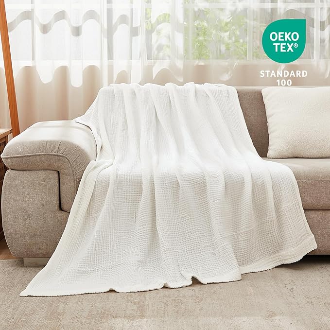 EMME Cotton Blanket Twin XL for Bed Soft Muslin Blankets 66"x90" Lightweight Breathable Layering Bedspread Coverlet All Season Gauze, White-Ruum Studio Home