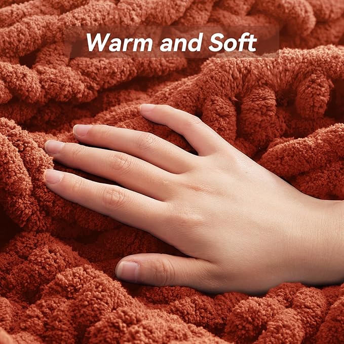 Chunky Knit Throw Blanket, 40''*50'' Fall Throw Blanket Knitted Chenille Yarn for Bed Couch, Handmade Orange Crochet Big Thick Blanket, Machine Washable Cute Comfy Blankets for Home Decor-Ruum Studio Home