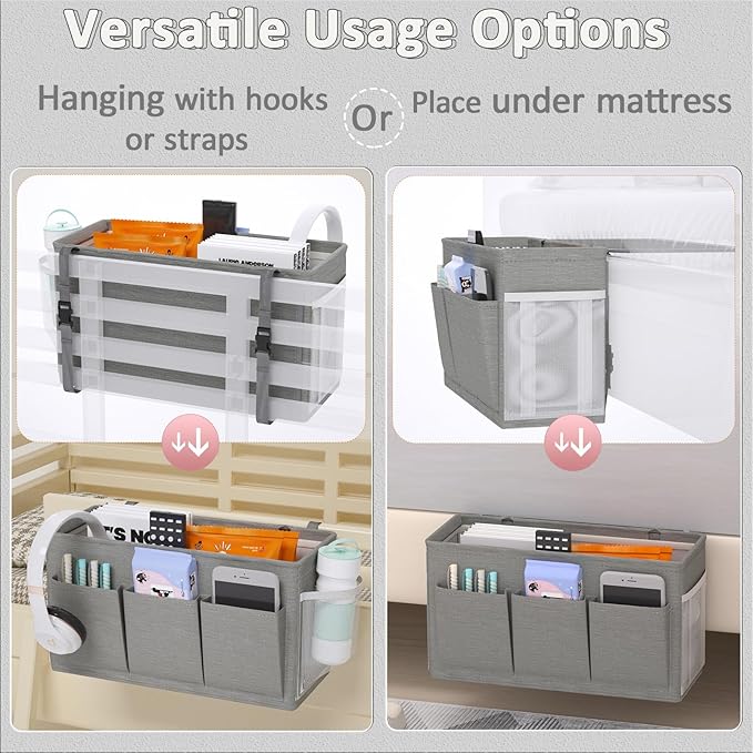 Dual-purpose Bedside Caddy Bedside Organizer, Bed Caddy with 6 Pockets, Versatile Bedside Storage Solution Magazine Remotes holder, ideal for Home, Dorm, Hospital, Crib Bed (Grey)-Ruum Studio Home