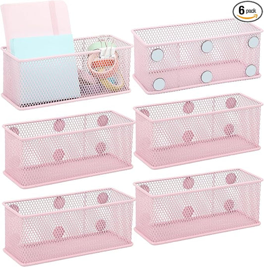 EASEPRES Magnetic Pencil Holder Set of 6 - Wire Mesh Storage Baskets Organizer with Strong Magnets - Perfect for Whiteboard, Refrigerator and Locker Accessories, Pink-Ruum Studio Home