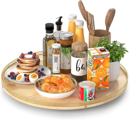 21-Inch Wooden Lazy Susan Turntable – Premium Oak & Iron, Extra Large Rotating Serving Tray for Dining Table, Kitchen Countertop, Farmhouse Décor, Spice Rack, Charcuterie & Entertaining-Ruum Studio Home