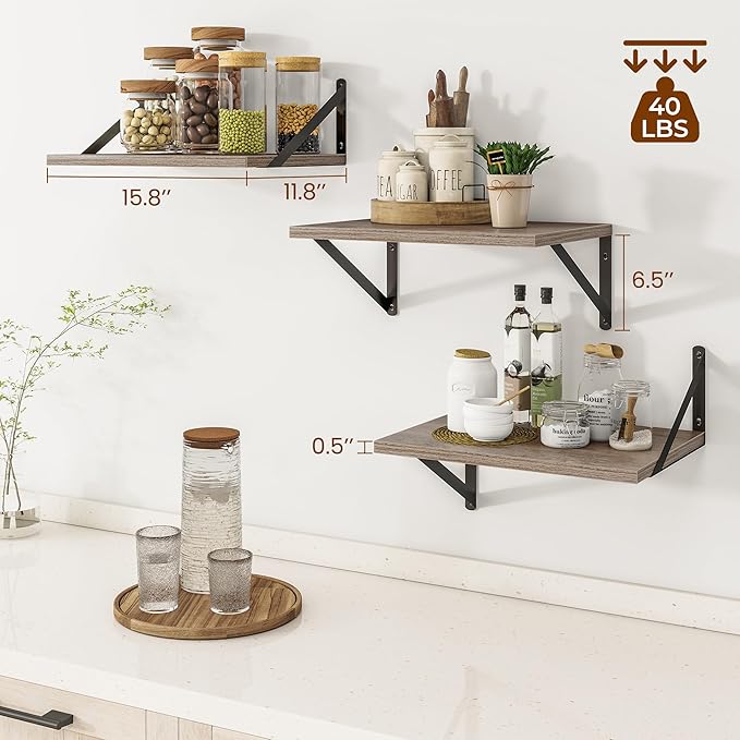 Heimlove Deep Floating Shelves for Wall, 12 Inch Deep Floating Shelves Set of 3, 16W x 12D Wood Wall Shelves, Wide Wood Shelves with Metal Bracket for Living Room, Kitchen, Office, Bedroom - Grey-Ruum Studio Home