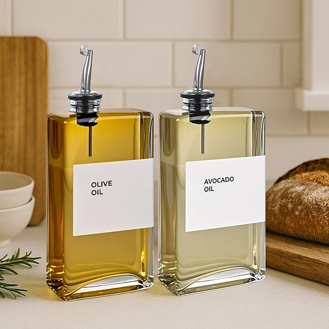 Olive Oil Dispenser Bottle - Includes 44 Kitchen Essential Labels - Cooking Oil Bottles for Kitchen, Coffee Syrup Dispenser - Pourer Spout with 11.8 fl oz Glass Container Cruet - 4pcs Silver-Ruum Studio Home