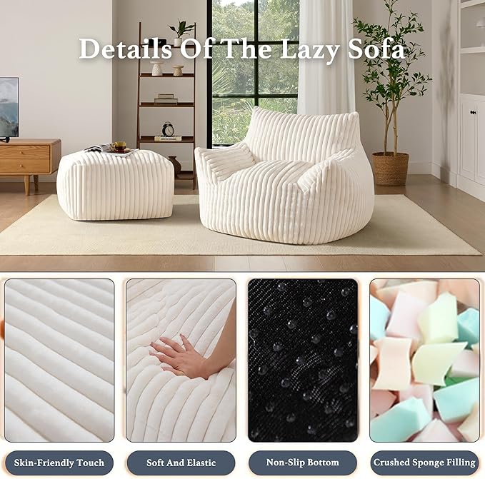 Oversized Bean Bag Chaise Lounge Chair Indoor for Adults with Armrests & Ottoman - Giant Comfy Beige Beanbag Lazy Floor Sofa Cloud Accent Chair for Reading, Gaming, Cozy Fluffy Cloud Mini Couch-Ruum Studio Home