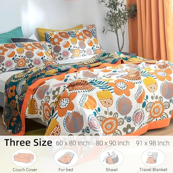 Boho Throw Blanket for Bed - 100% Pure Cotton Ultra Soft Rustic Quilt - Farmhouse Decor Bed Blankets, All Season Rustic Throw for Sofa Couch Chair(91''x 98'', Floral Print 2)-Ruum Studio Home