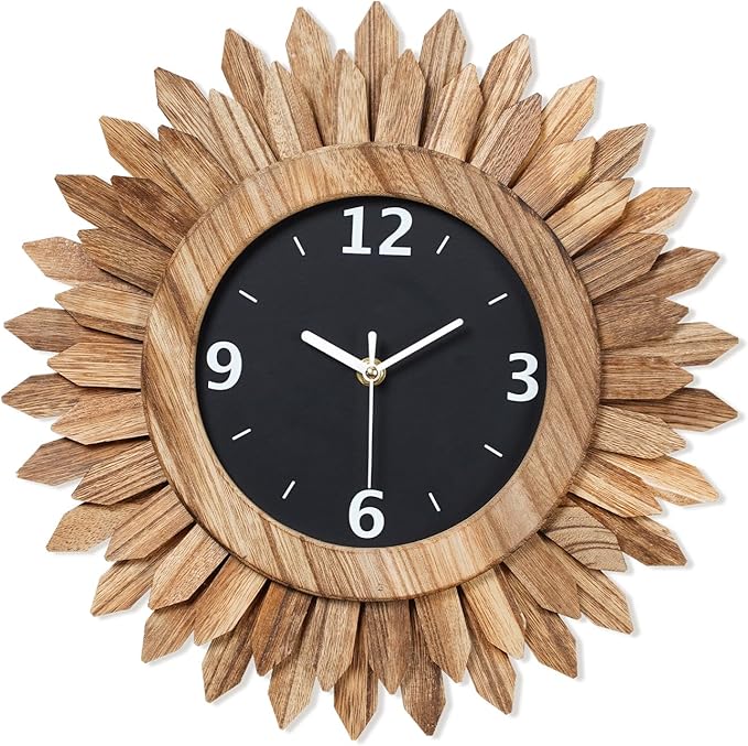 Honiway 14 Inch Wall Clock, Rustic Wood Boho Sunburst Decorative Wall Clocks Battery Operated Silent Non Ticking Farmhouse Small Wall Clocks for Living Room Kitchen Bedroom Home Decor (Rustic Brown)-Ruum Studio Home