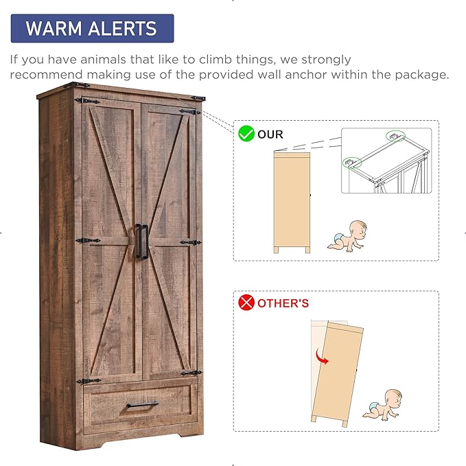 Farmhouse Kitchen Pantry Cabinet - 72" Tall Wood Kitchen Storage Cabinets with Adjustable Shelves & 2 Barn Doors & Drawer, Versatile Storage for Dining Room, Bathroom, Utility Room, Light Brown-Ruum Studio Home