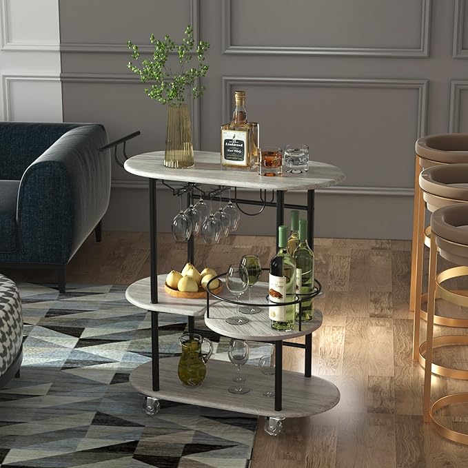 Light Gray Bar Carts with 4-Tier Storage Shelves, Mobile Bar Serving Cart with Wine Rack and Glass Holder, for The Home, Kitchen, Living Room, Dining Room-Ruum Studio Home