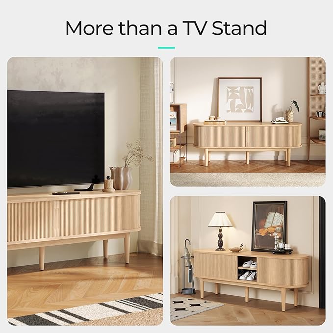 LINSY HOME TV Stand for 65" TV, Mid-Century Modern 58" Entertainment Center with Sliding Tambour Door and Storage Cabinet, Cruved TV Media Console Table for Living Room, Bedroom, Oak-Ruum Studio Home
