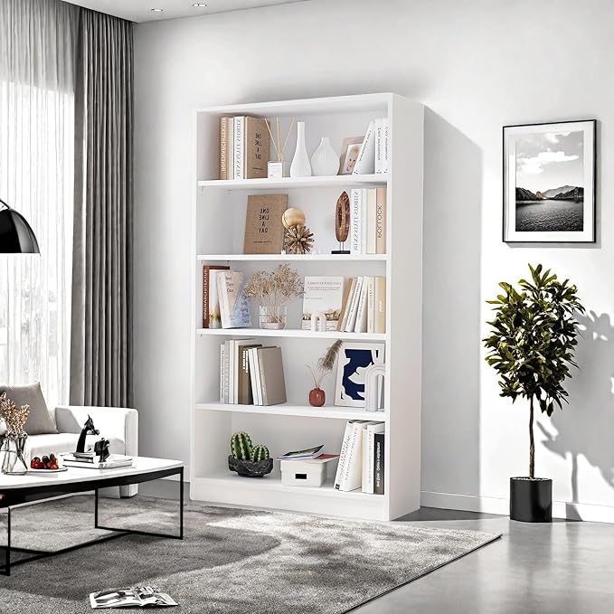 Bookshelf, Open Modern Bookshelf, 5 Shelf Bookcase with Freestanding Display Storage, Wooden Book Shelf for Bedroom, Living Room, Dinning Room, Office, 60 Inch, White-Ruum Studio Home
