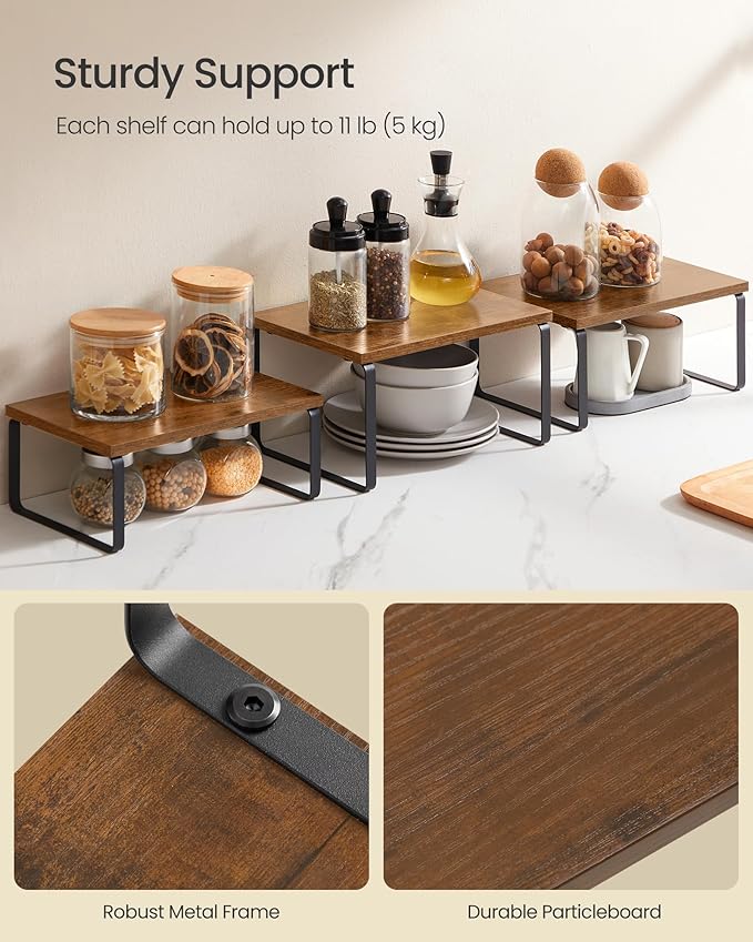 SONGMICS Cabinet Organizer Shelf, Set of 3 Kitchen Counter Shelves, Kitchen Storage, Spice Rack, Stackable, Expandable, Rustic Brown and Matte Black UKCS220K02-Ruum Studio Home
