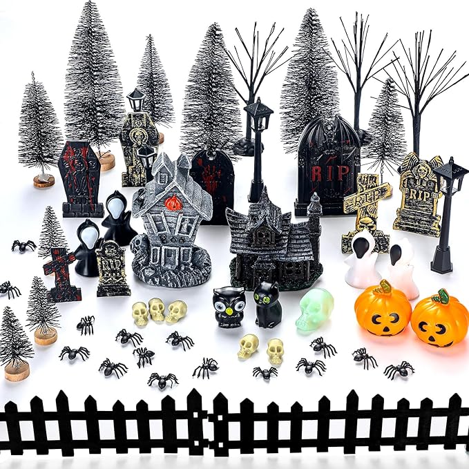 56 Pcs Halloween Village Accessories Set Halloween Haunted House Village Set Miniature Tombstones Tree Fake Spiders Fence Streetlamp Figurines for Home Table Party Decor-Ruum Studio Home