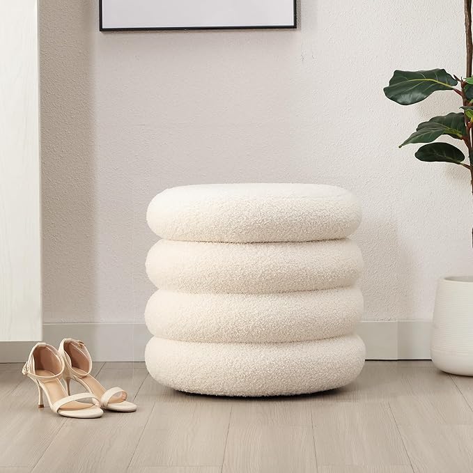 ONEVOG 20" Round Storage Ottoman with Removable Lid, Off-White Boucle Fabric Footrest Pouf, Sherpa Tufted Small Coffee Table Vanity Ottoman Foot Stools for Living Room Couch, Bedroom, Dorm, Nursery-Ruum Studio Home