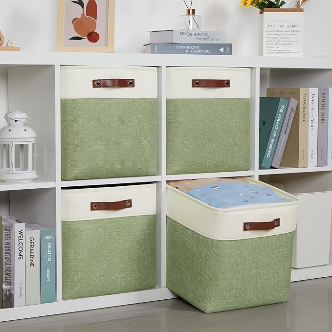 DULLEMELO Storage Baskets for Organizing, Linen Closet Organizers and Storage Baskets for Dog Toy Box, 13 Inch Decorative Cube Storage Bins with handle for Baby Gift Basket(4 Pack - 13" White&Green)-Ruum Studio Home