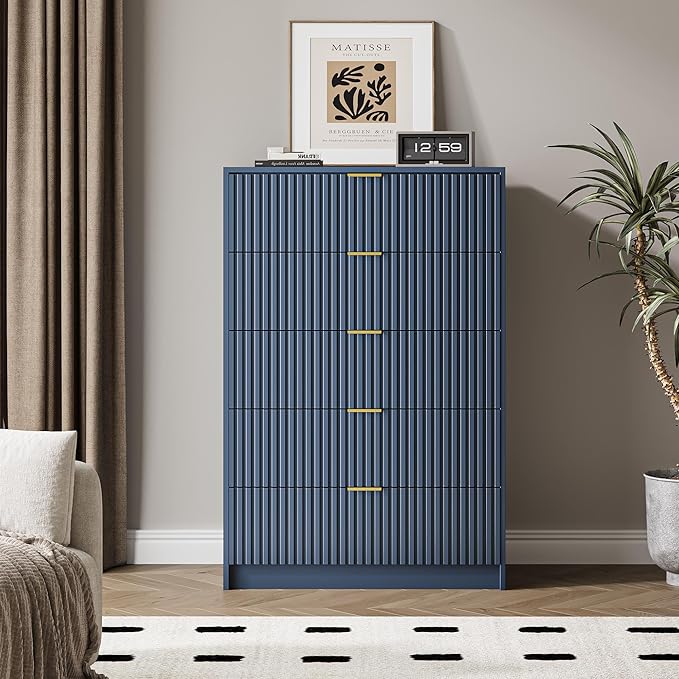 5 Drawer Dresser for Bedroom, Tall Dresser Chest of Drawers with Gold Handles, 32 Inch Wide Nightstand with for Bedroom, Living Rooms, Offices, and Entryways, Navy Blue-Ruum Studio Home