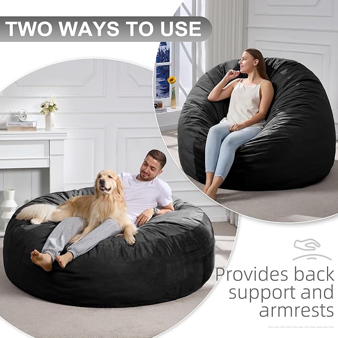 Hobestluk 6FT Bean Bag Chair Bean Bag Chairs for Adults Giant Bean Chairs with Velvet Cover, Memory Foam BeanBag Chair Fluffy BeanBag Chairs for Living Room, Bedroom- Black (70" x 70" x 15")-Ruum Studio Home