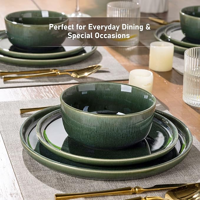 GBHOME Ceramic Dinnerware Sets for 6, 18 Pieces Stoneware Plates and Bowls Sets, Reactive Glaze Dishes -Scratch Resistant, Dishwasher&Microwave Safe, Earth Green-Ruum Studio Home