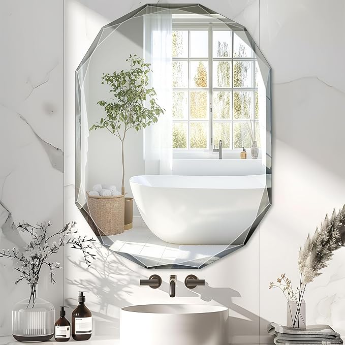 Bathroom Mirror for Wall, 30" x 40" Oval Mirror, Bathroom Vanity Mirror, Wall Mount Vanity Mirrors, Beveled Edge Frameless Wall Mirrors Decorative, Irregular Beveled Edge Mirror-Ruum Studio Home