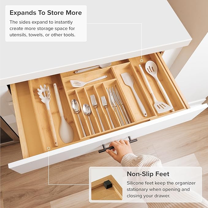 Premium Silverware, Flatware and Utensil Organizer for Kitchen Drawers, Food-Safe Contract Grade, Expandable from 16 to 28 In, Natural Bamboo-Ruum Studio Home